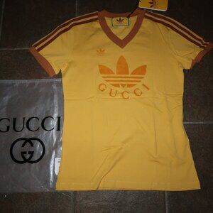 Gucci x Adidas Women's Trefoil Cotton Jersey V-neck Shirt Yellow L Large